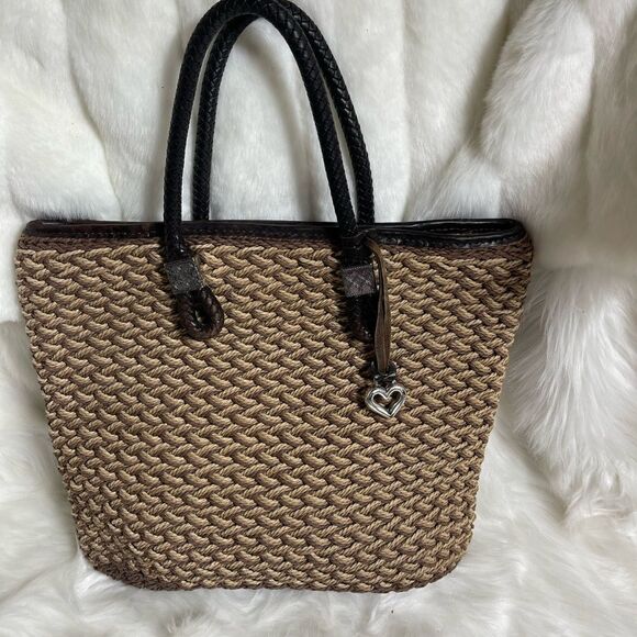 Brighton leather brown and brown woven straw shoulder bag silver tone accent - Picture 3 of 11